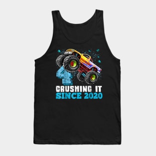 4 Crushing It Since 2020 Monster Truck 4th Birthday Gift Boy Tank Top